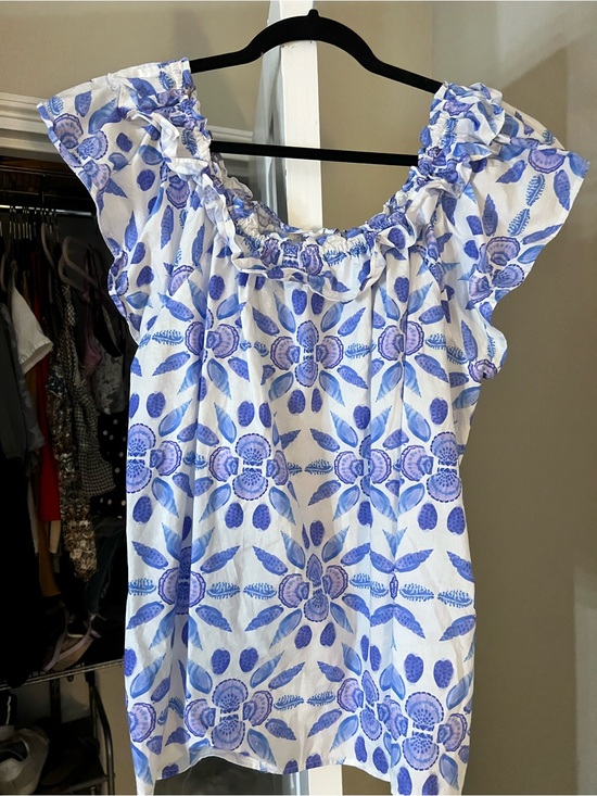 Hill House Tops - Hill House Blue and White Floral Off-Shoulder Top